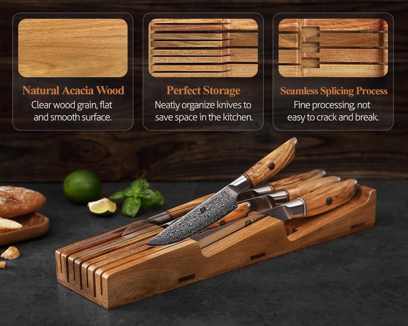 XINZUO In-drawer Knife Block, Natural Acacia Knife Drawer Oganizer, Insert-Kitchen Storage Holder, 7 Slots, Holds up to 7 Various Size Knives, Countertop Saving&Knife Protective - Image 2
